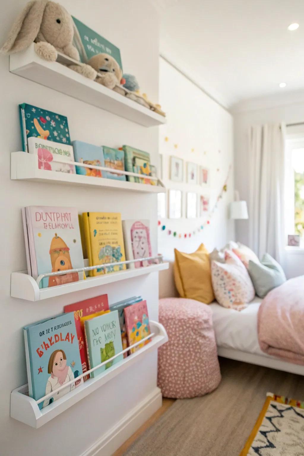 A mini display of books encourages reading and decorates the space.