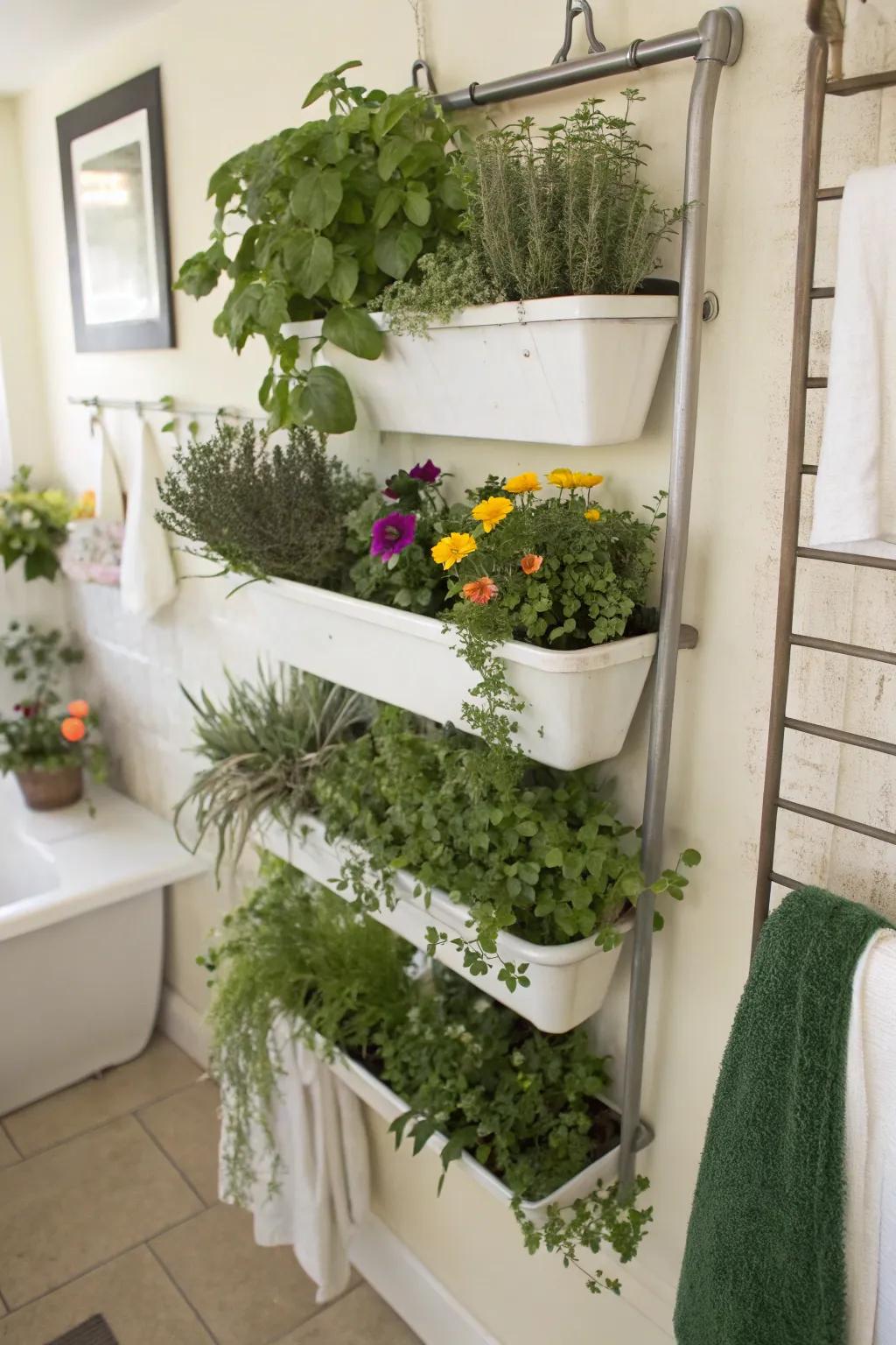 A bath organizer transformed into a charming upright planter.