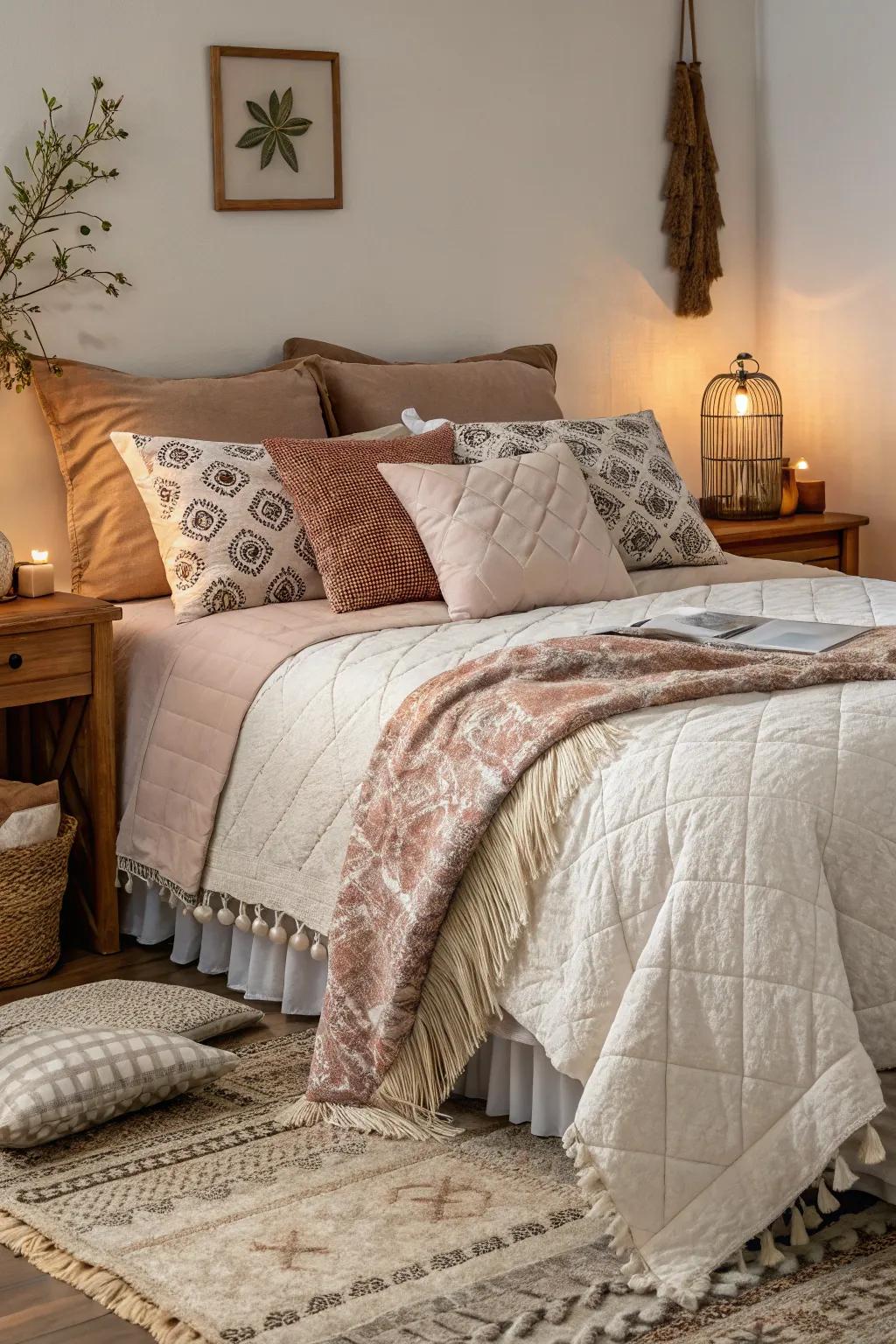 Layered bedding presenting plush textures, imparting cordiality and opulence.