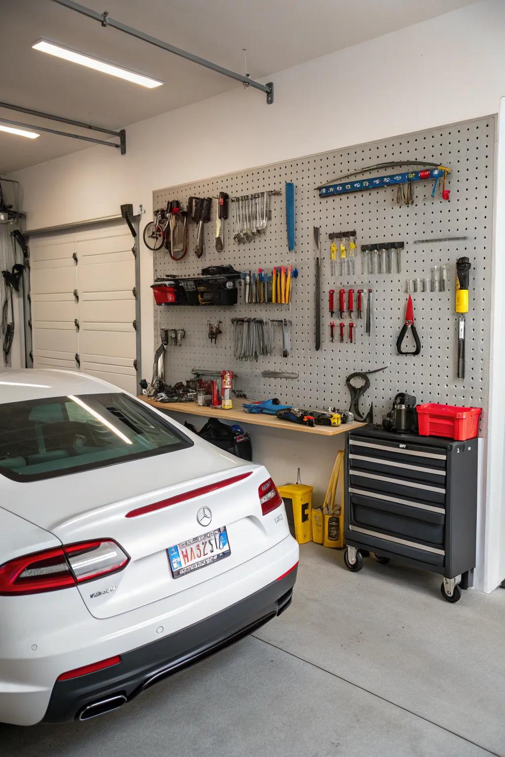 Uphold tool arrangement and adaptability through the implementation of a versatile pegboard.