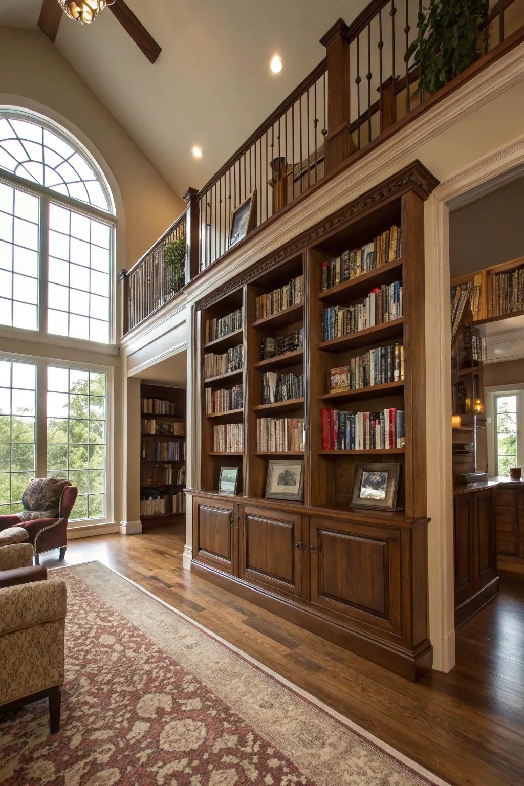 A structured bookshelf adds function and style to the great room.