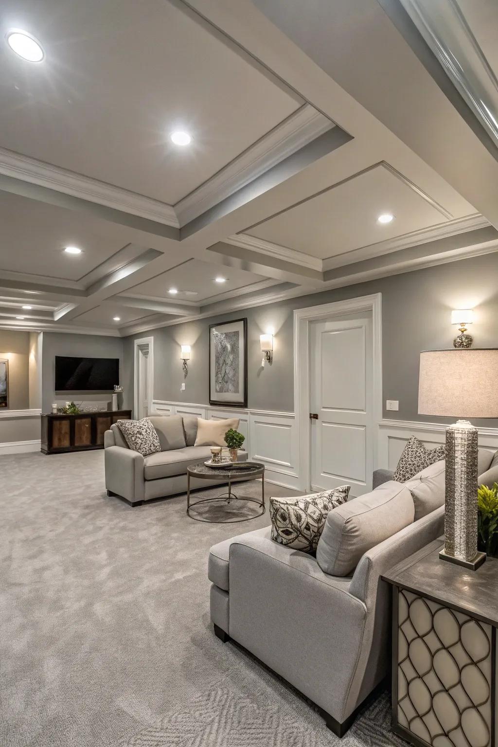 Uniform schemes can enhance the spacious feel of your basement.