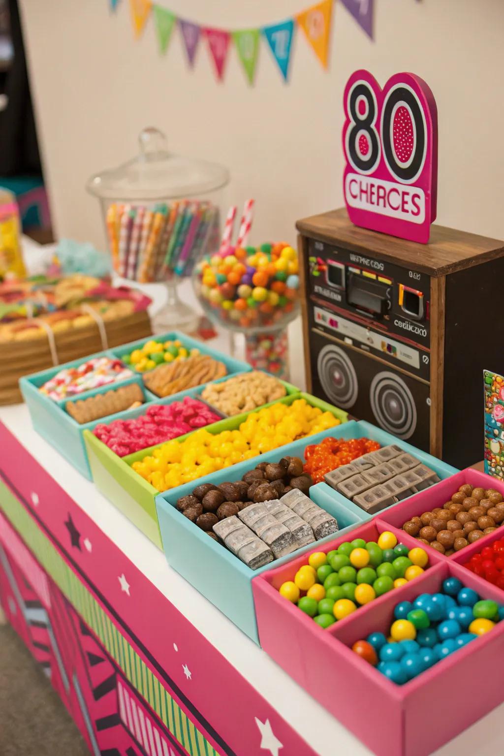An 80s refreshment station provides nostalgic indulgences for your attendees.