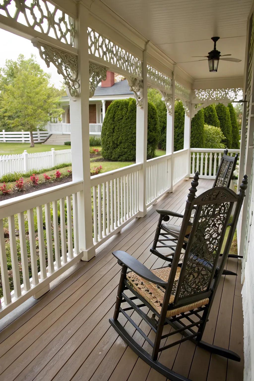 A porch decorated with stylish and secure railings.