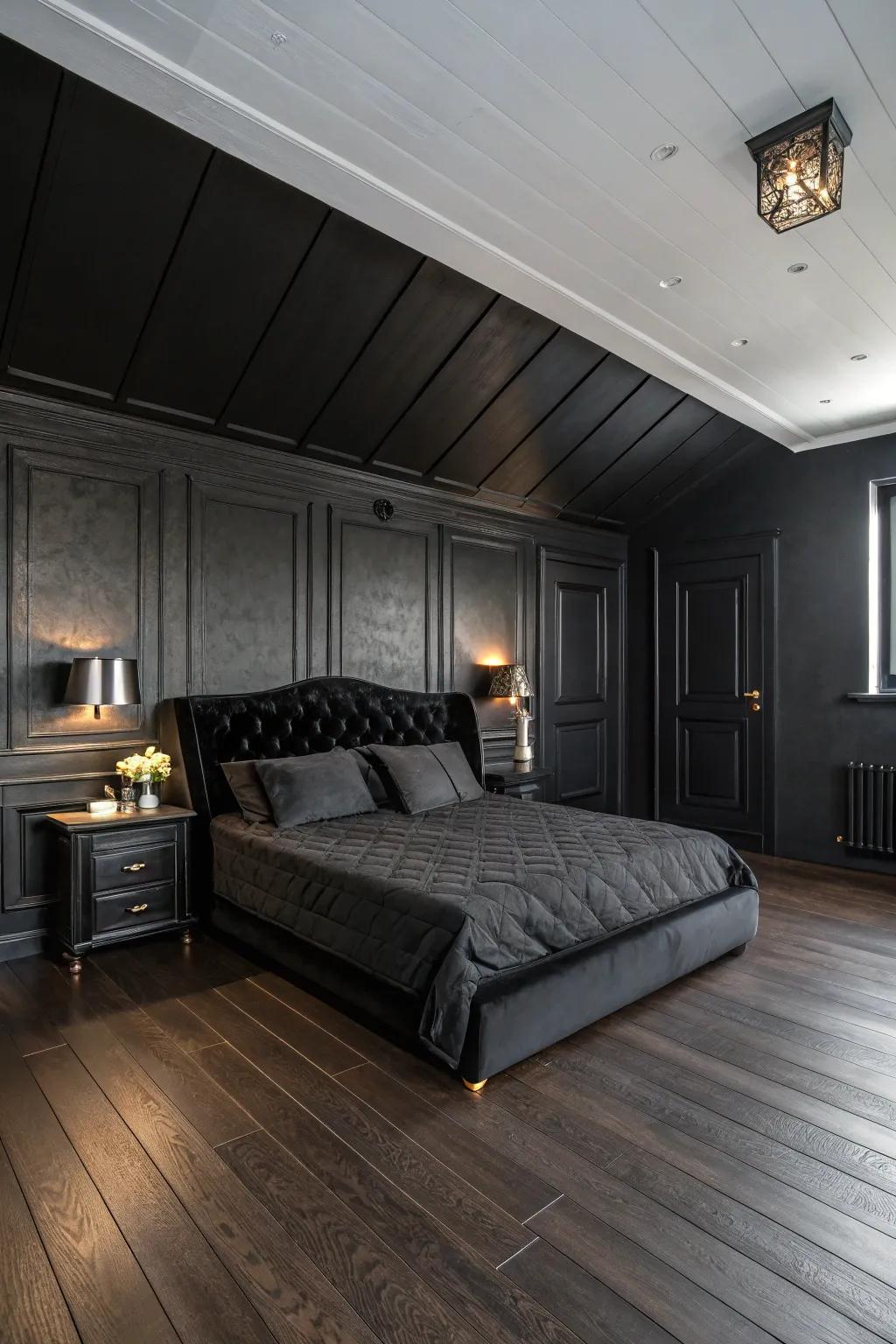A black bedroom featuring shaded timber flooring and furniture for added warmth.