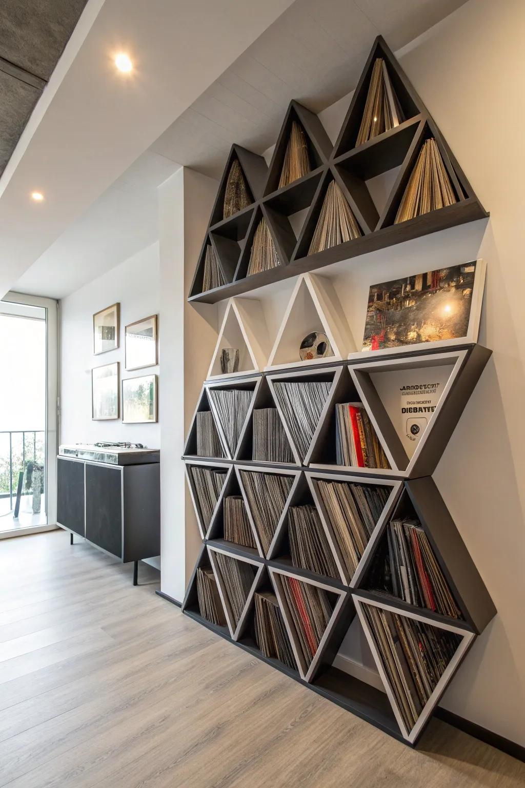 Geometric shelves adding a modern touch to vinyl record storage.