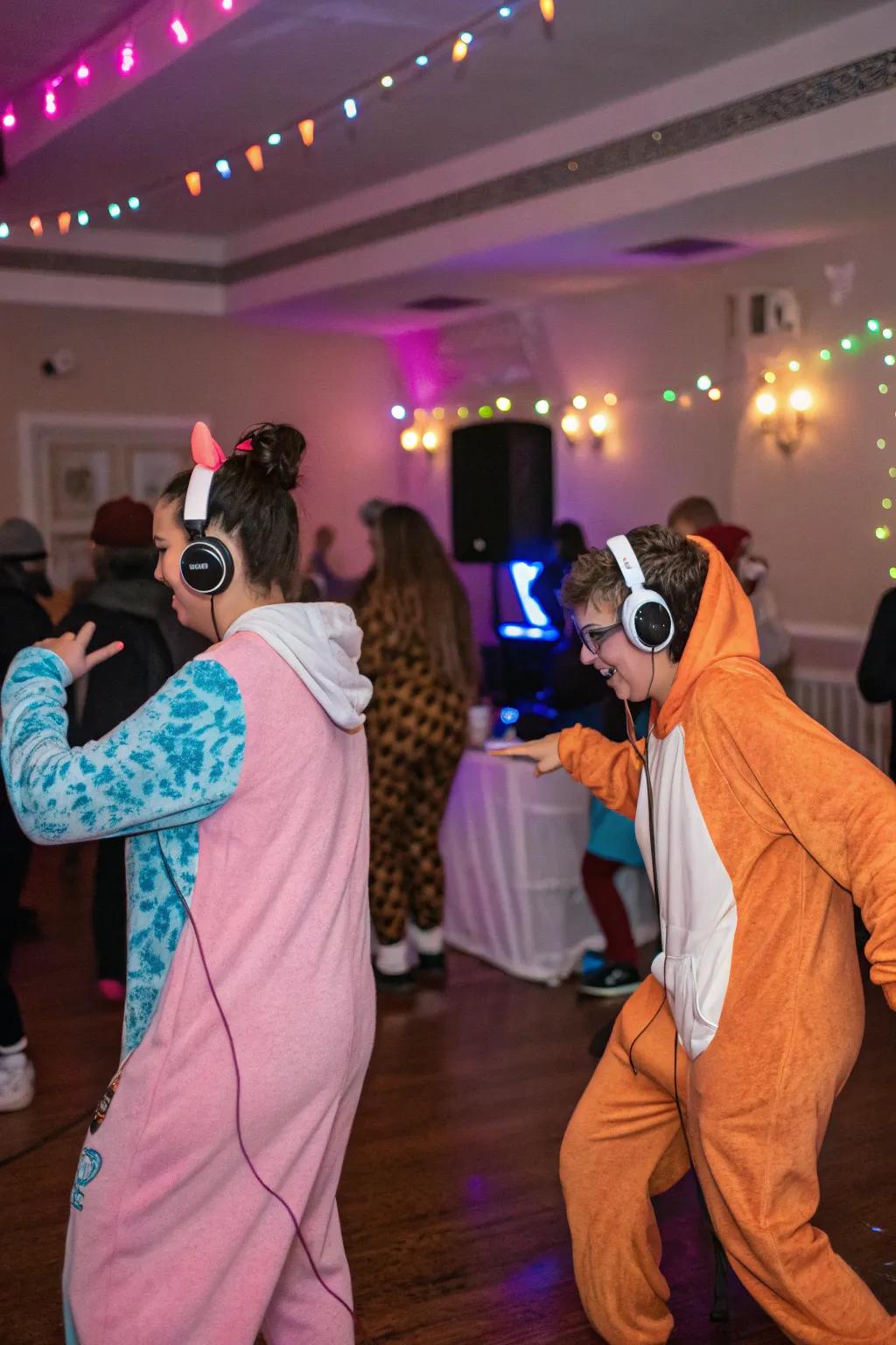 An animated quiet dance with costumed revelers.