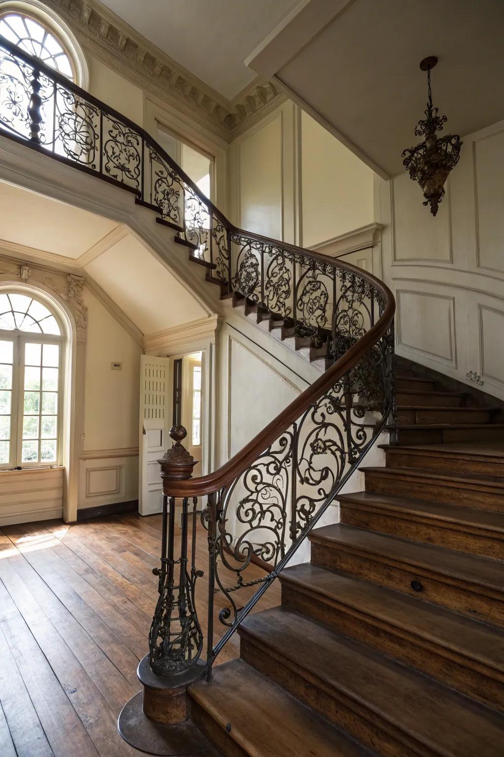 Worked iron railings adding a solid touch to a colonial residence.