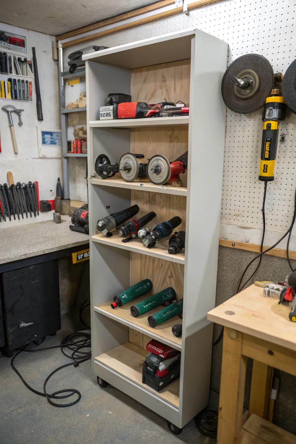 Thoughtfully positioned corner shelf unit aimed at tool storage.
