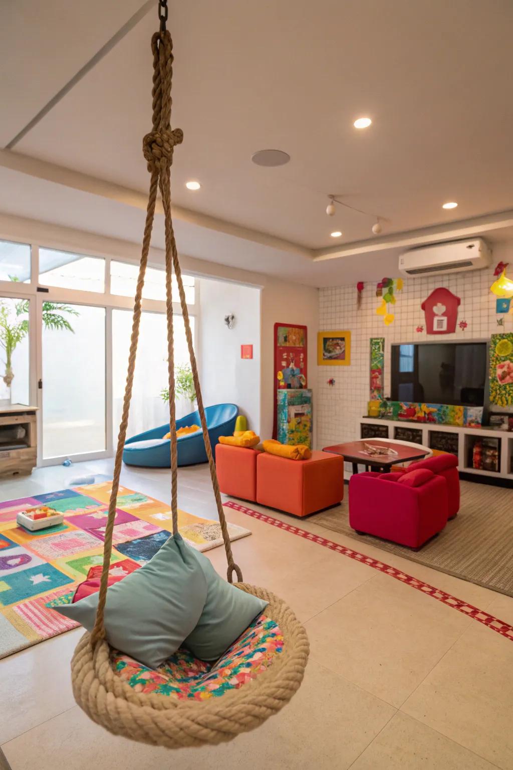 An indoor swing introduces a playful and unexpected element to your game room.