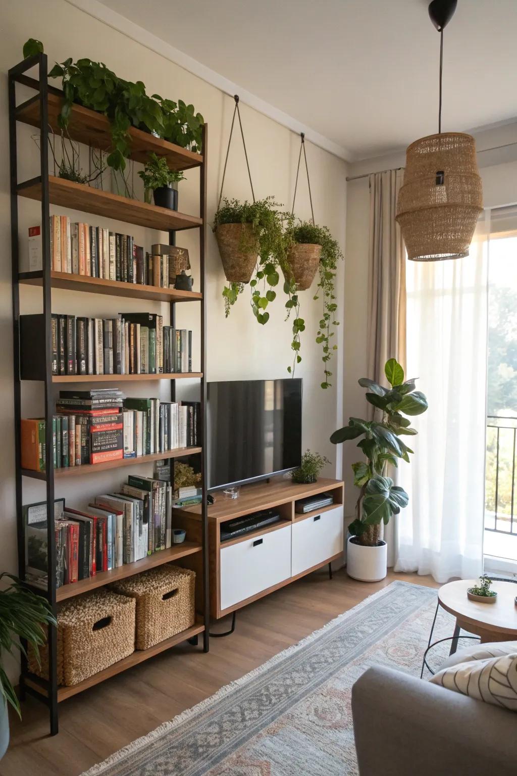 Vertical storage solutions optimize area in this stylish living space.