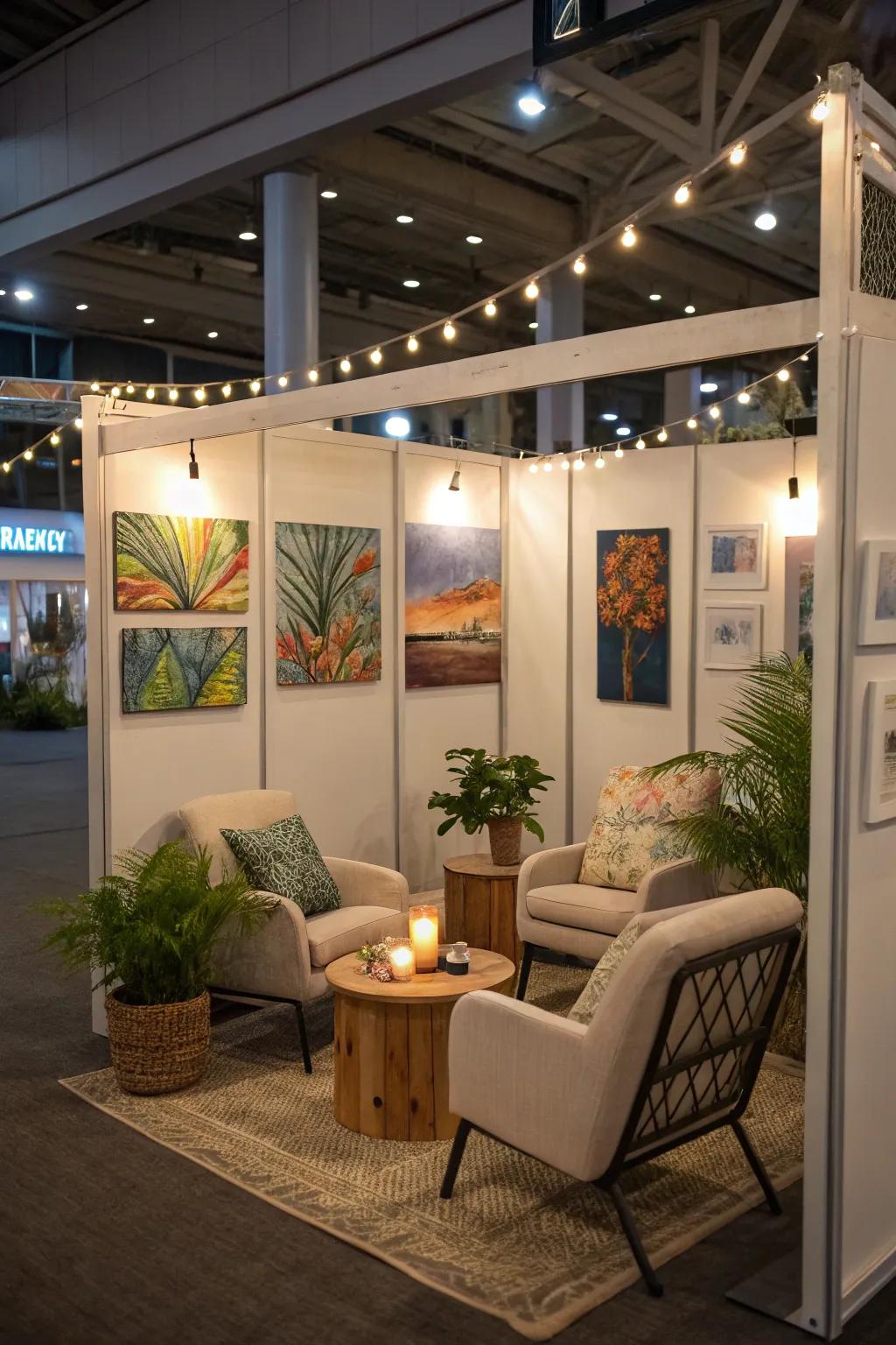A welcoming seating space inside the art booth.