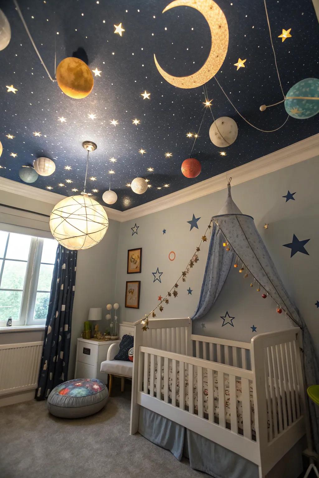 Embark on a cosmic journey within a space-themed nursery.