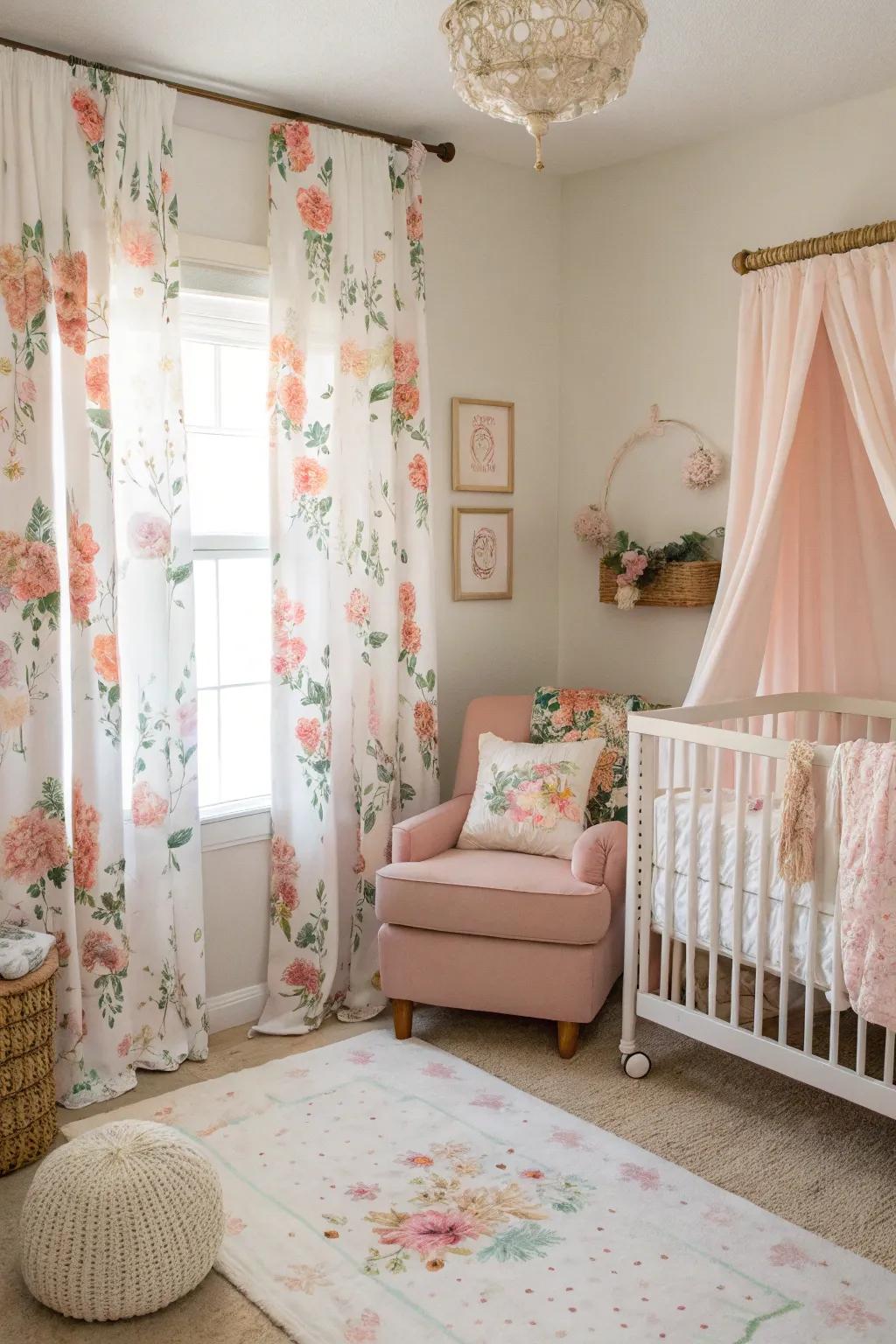 Blossom drapes infuse sophistication and beautifully frame the nursery.