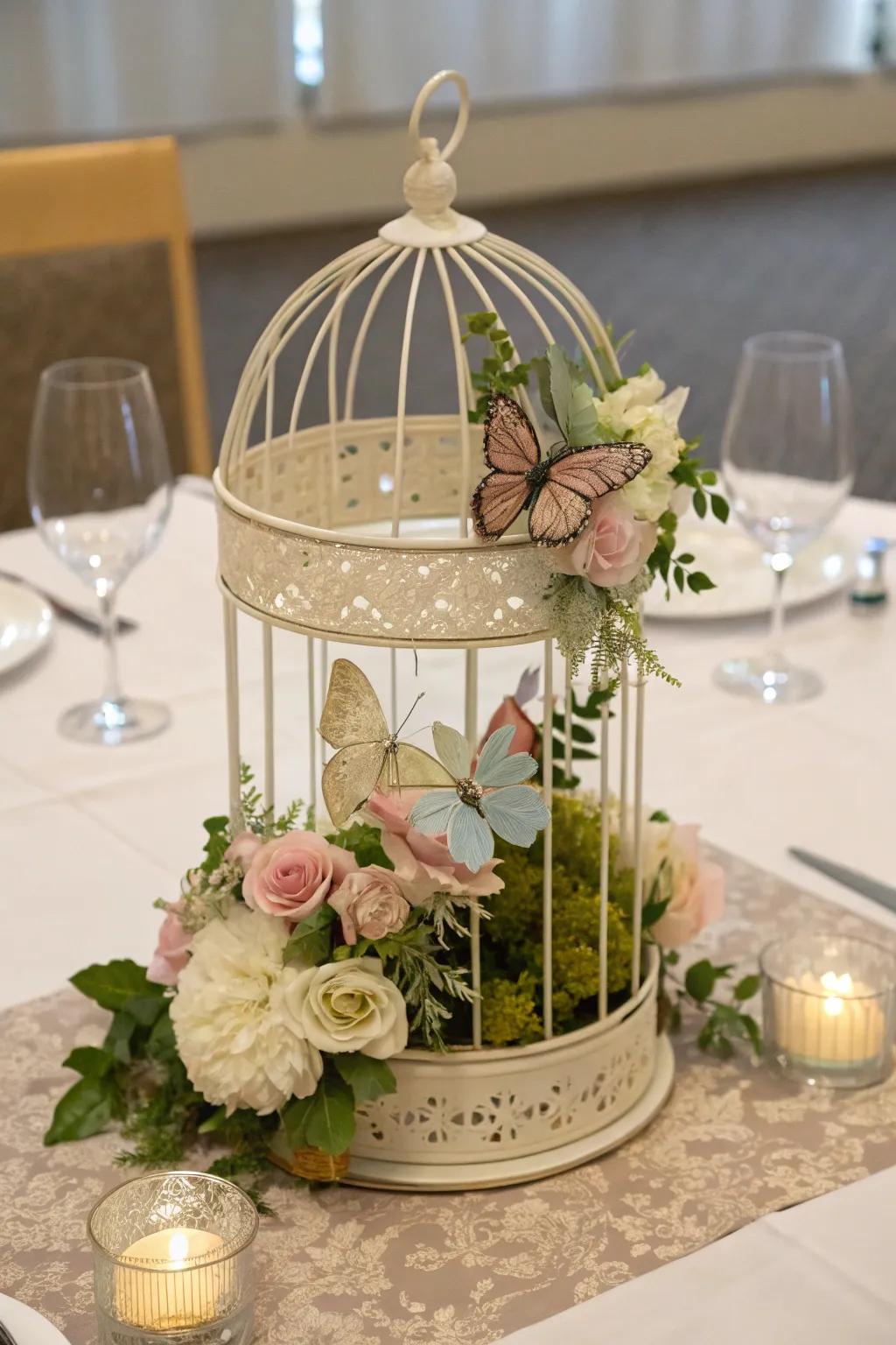 An enchanting aviary centerpiece featuring butterflies and flora.
