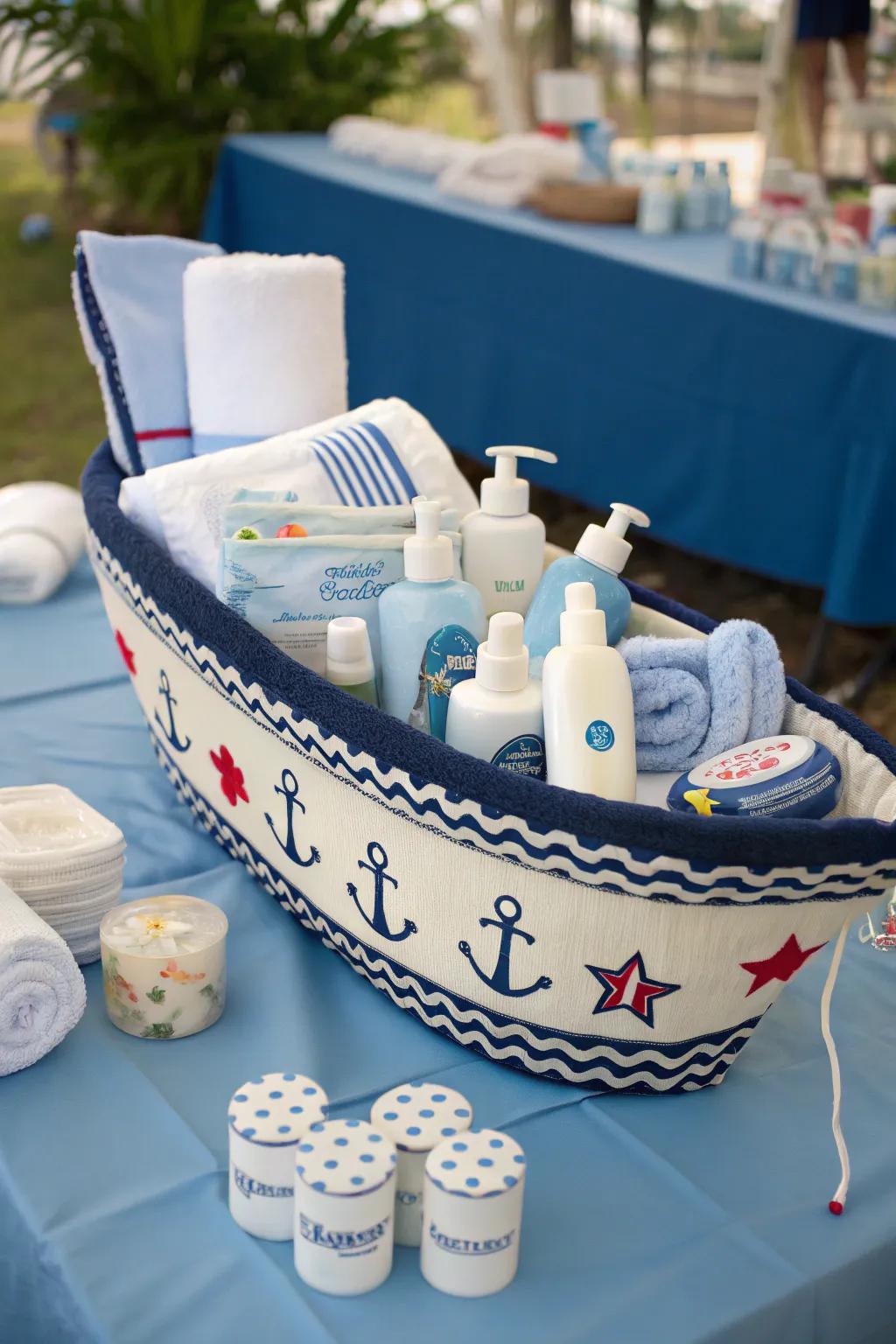 A creative diaper boat perfect for nautical themes.