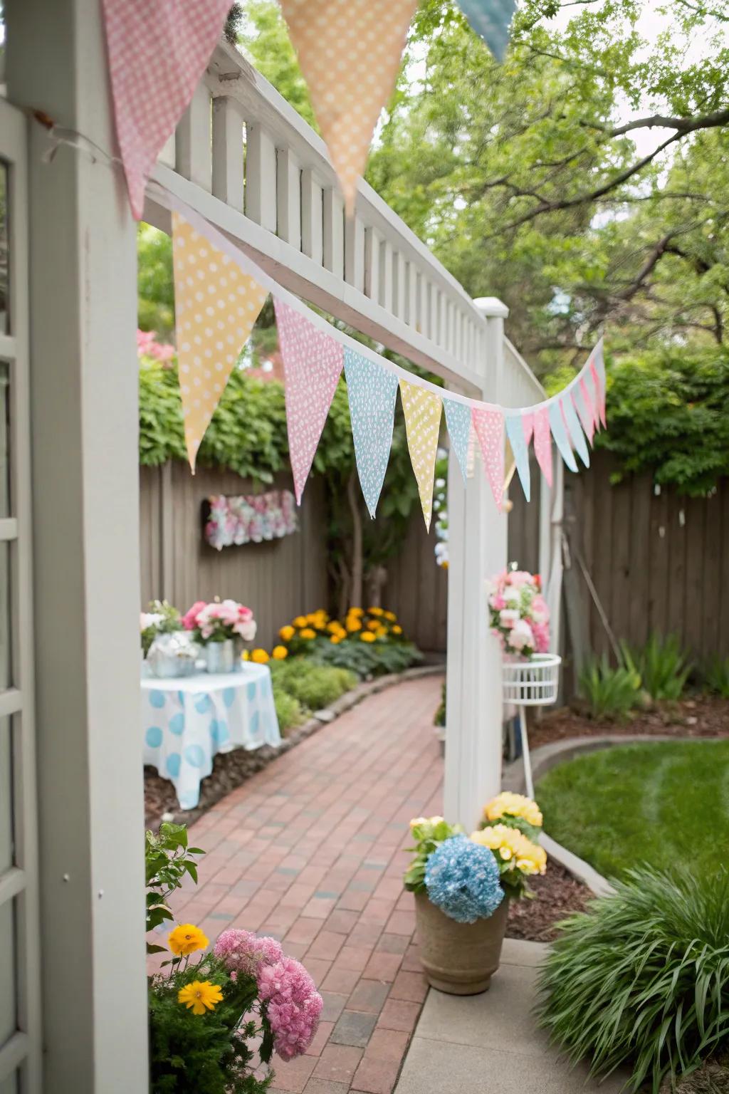 Vibrant bunting introduces a celebratory spirit to the passageway decor.