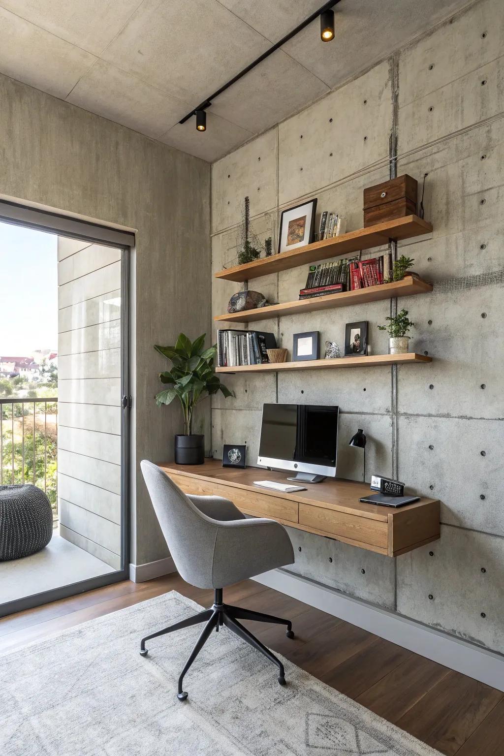 A personal workspace featuring a manufacturing concrete surface and contemporary furnishings.
