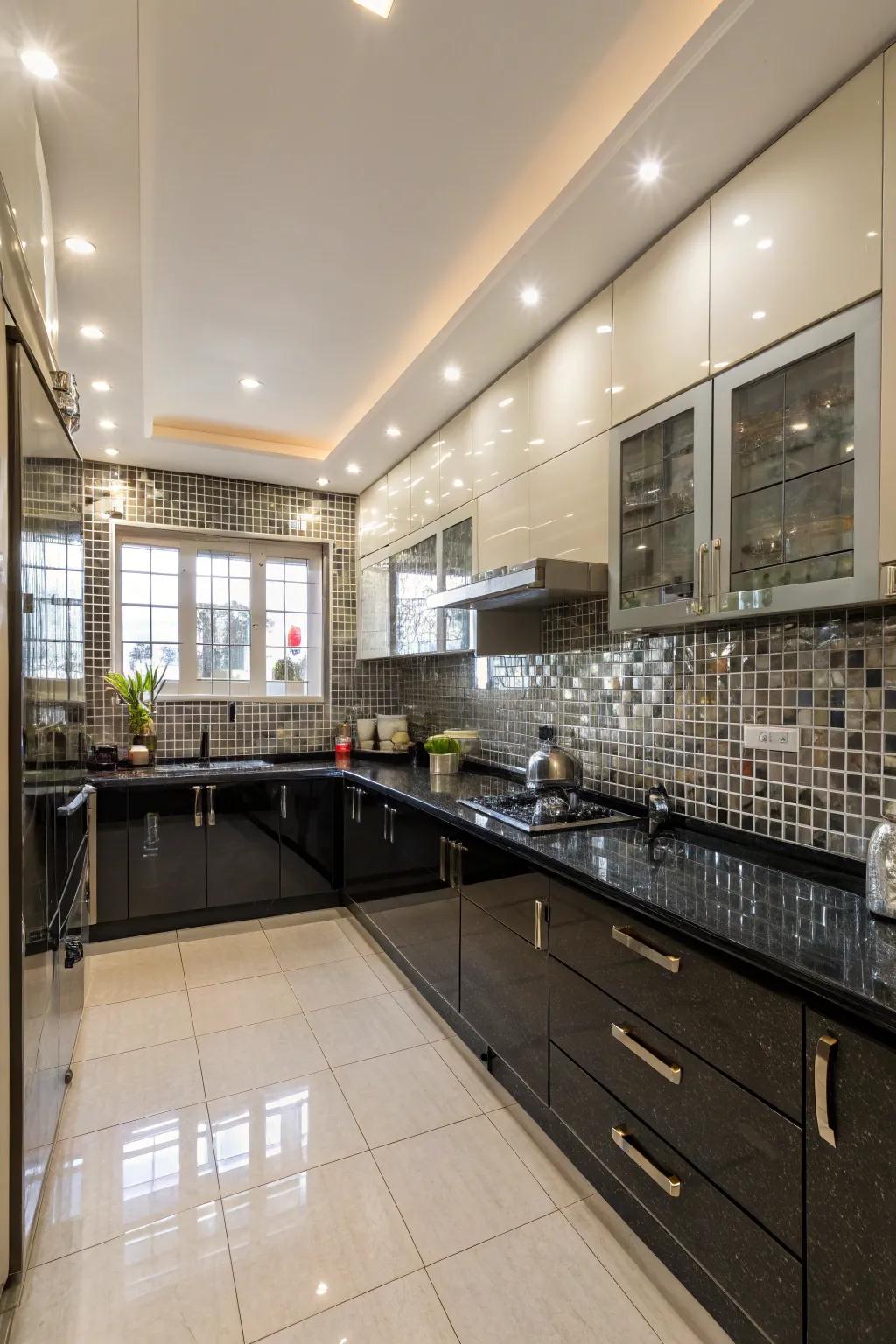 Reflective tiles create a perception of expanse and illumination in kitchens.