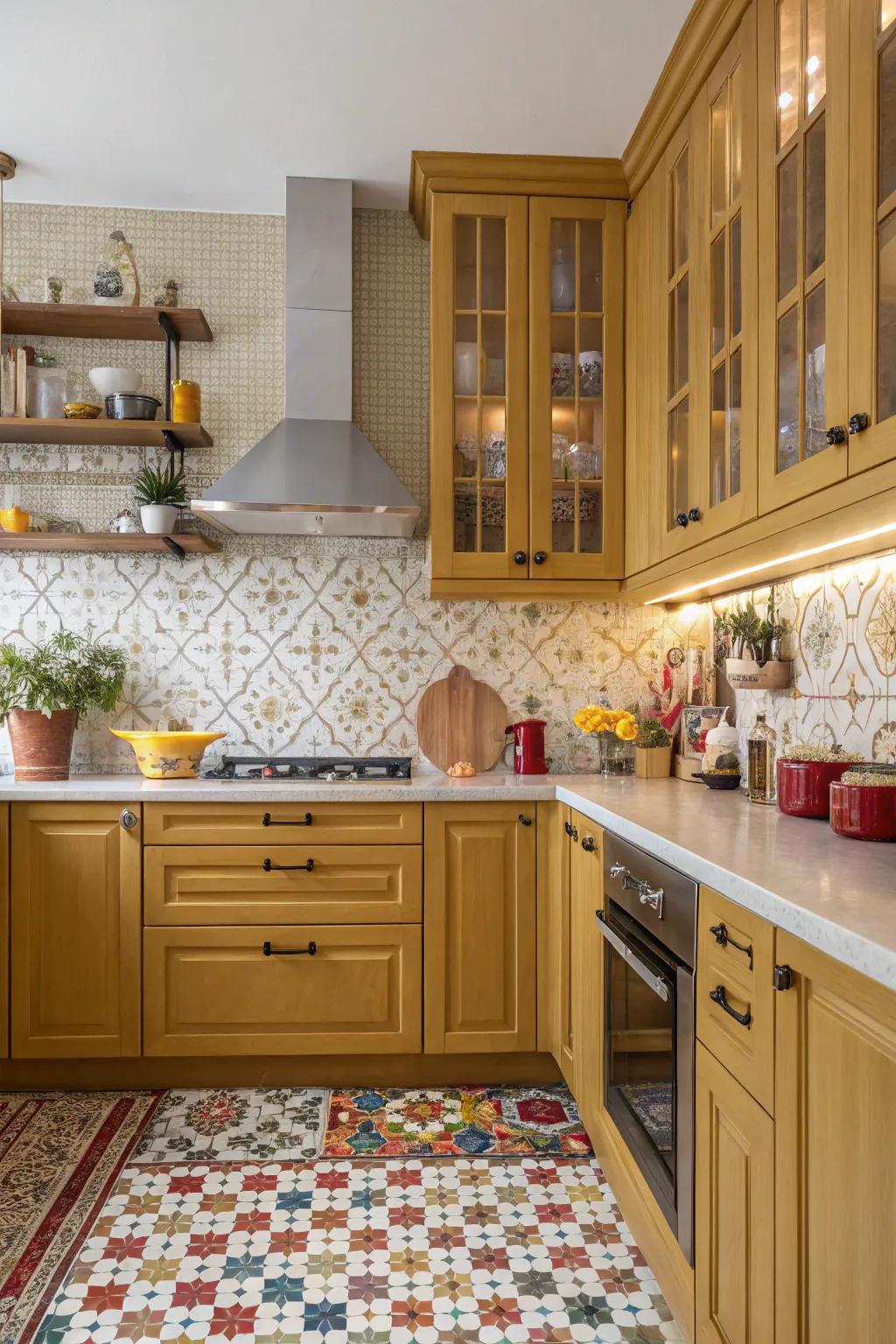 Playful designs impart a dynamic ambiance to the kitchen.
