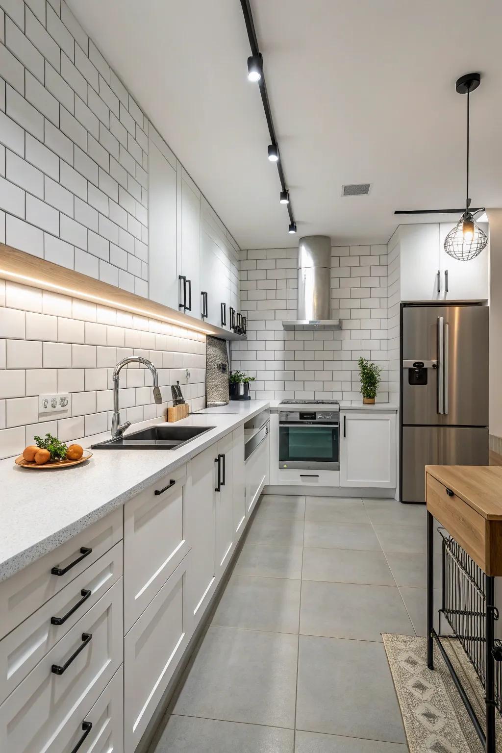 Minimalist alabaster tiles fashion a serene and expansive cooking space.