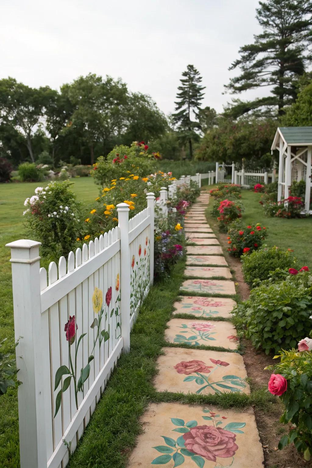 Illustrated walkways on a fence usher you through a garden exploration.