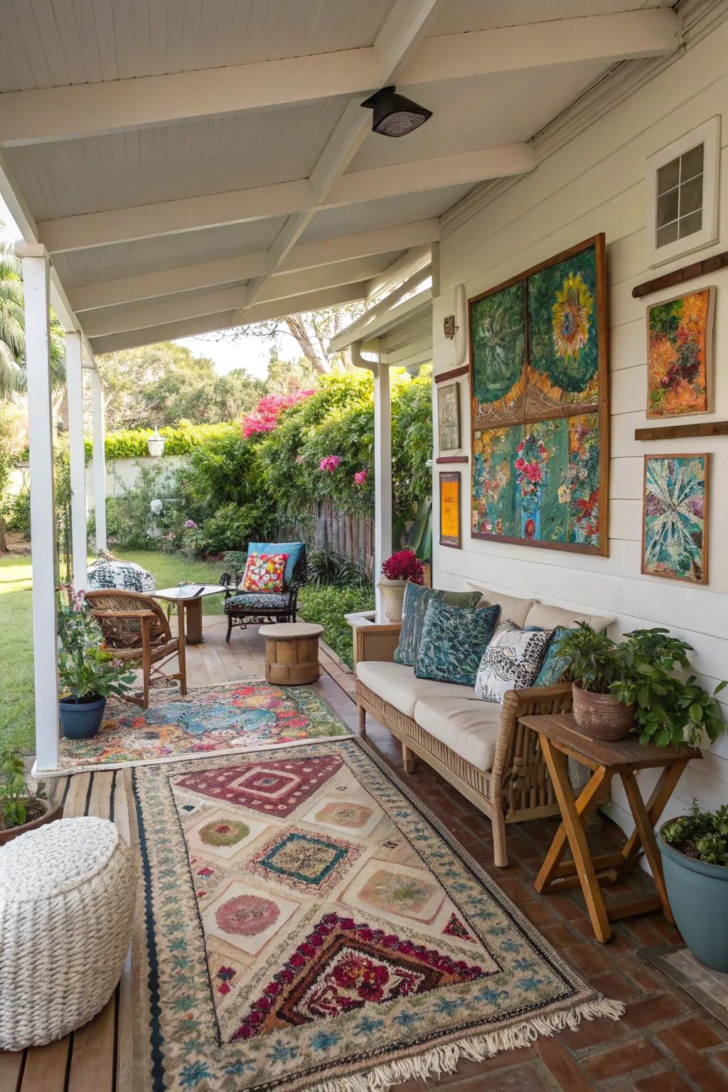 An eclectic amalgamation of embellishment infusing character to a patio.