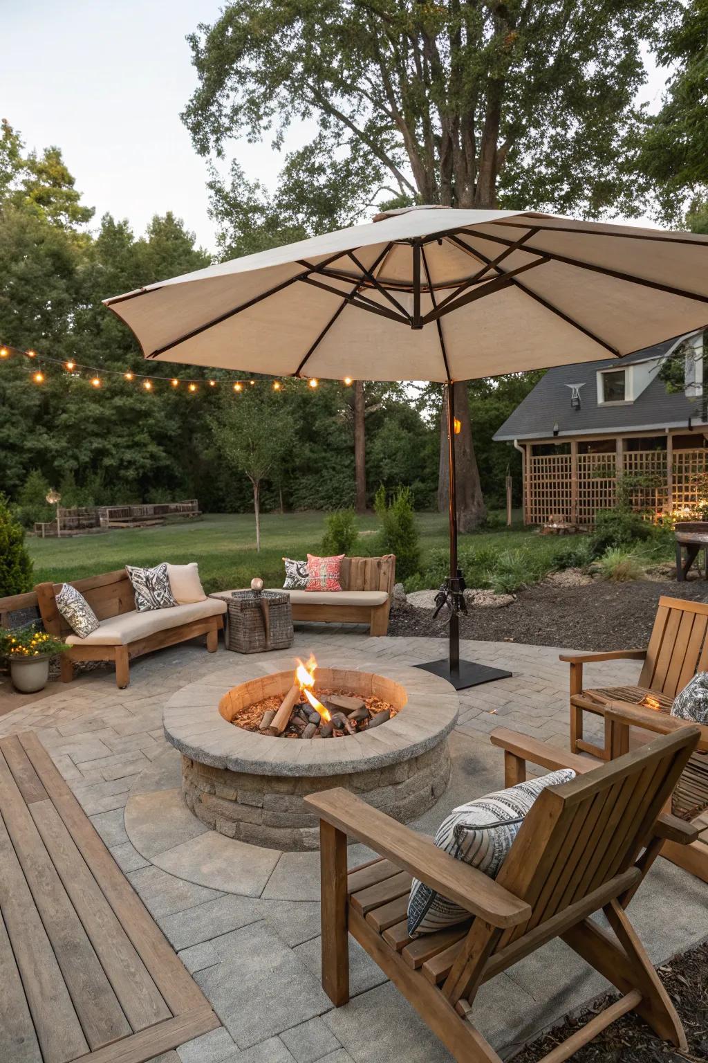 A cozy fire pit area with umbrella shade.