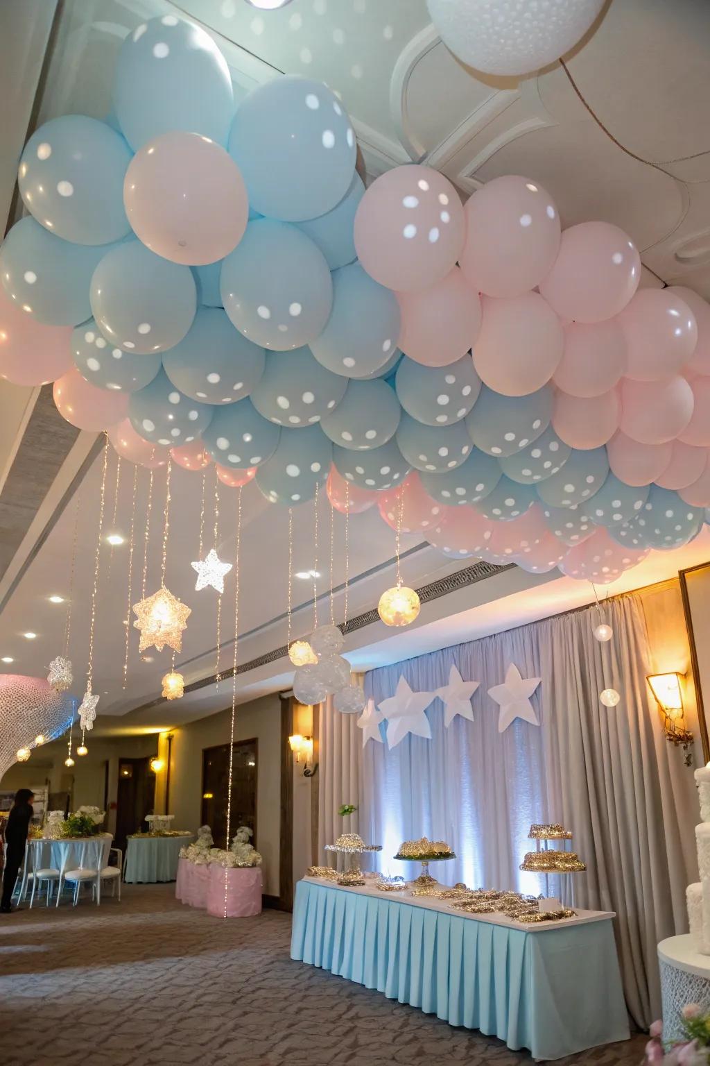 A cloud nine balloon ceiling creates a magical overhead experience.