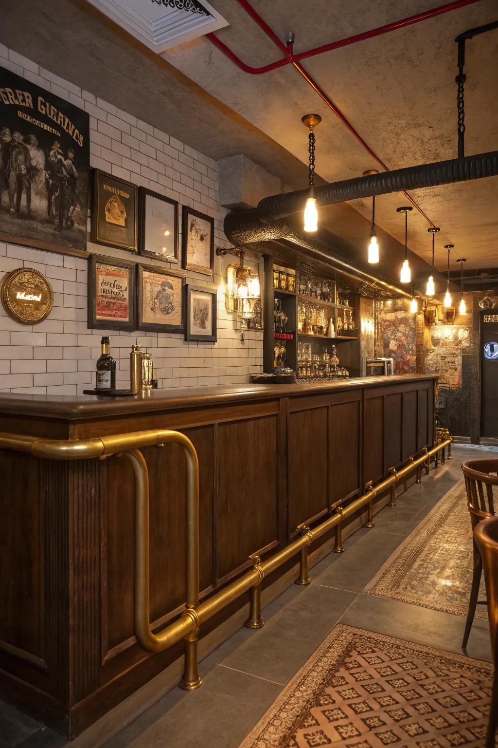 Vintage golden alloy pipes bring nostalgic appeal to this bar.