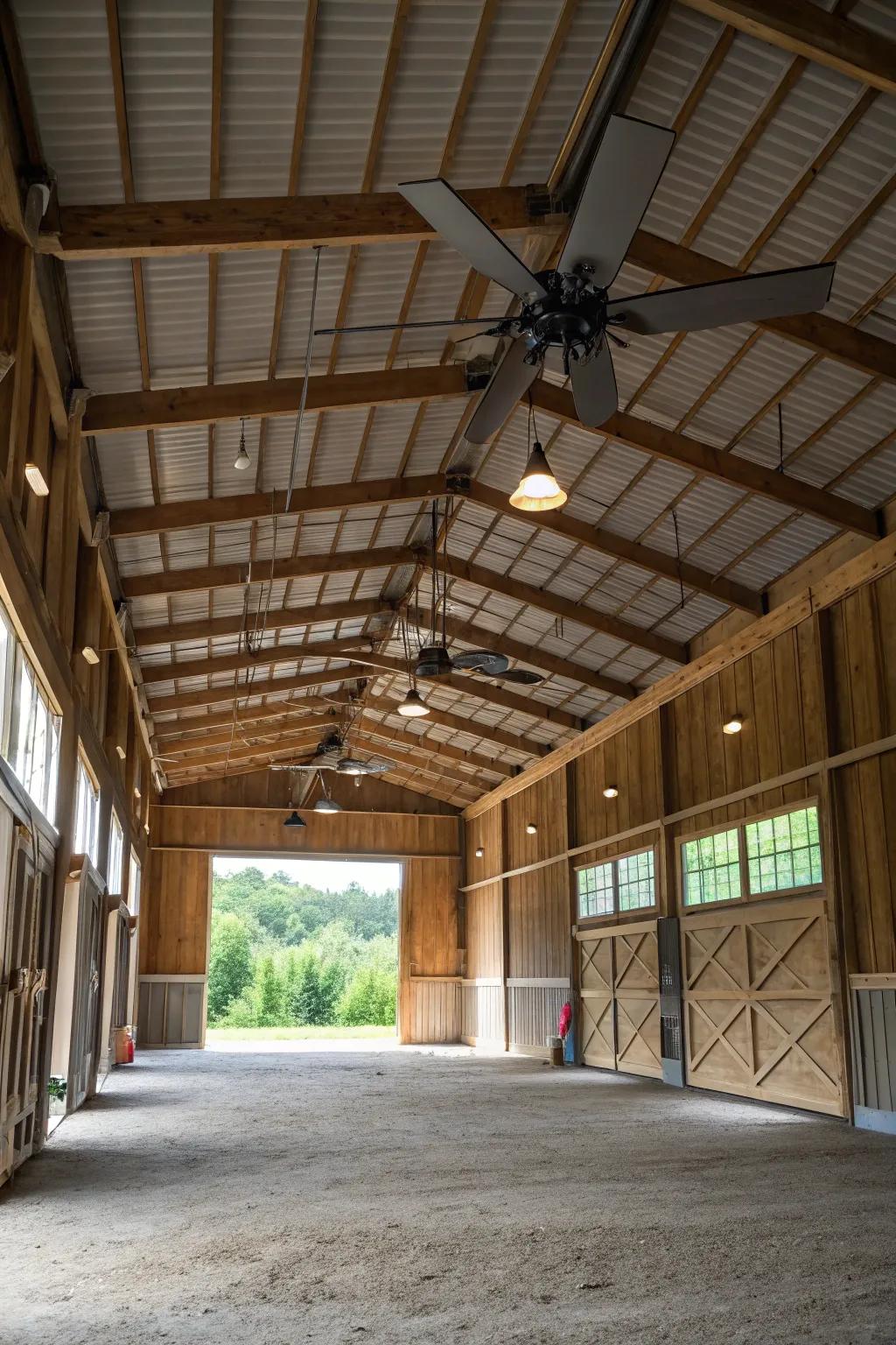 In this barn garage, ceiling fans offer comfort and air circulation.
