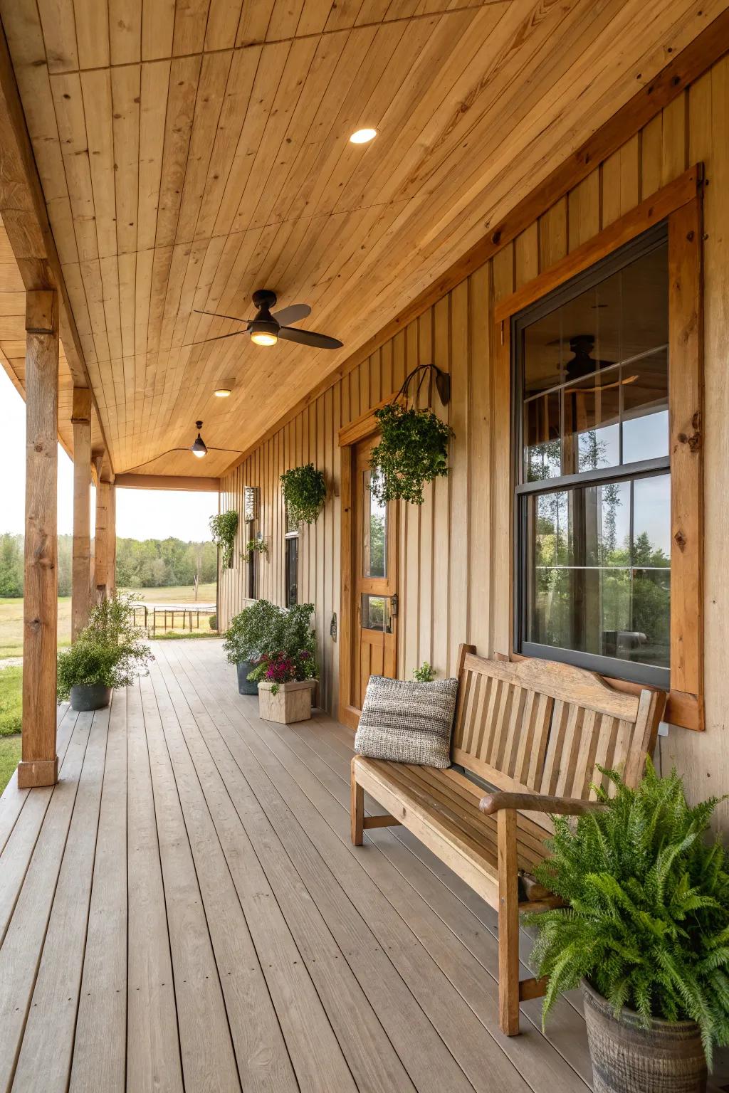 Natural lumber accents introduce warmth and texture to your veranda.