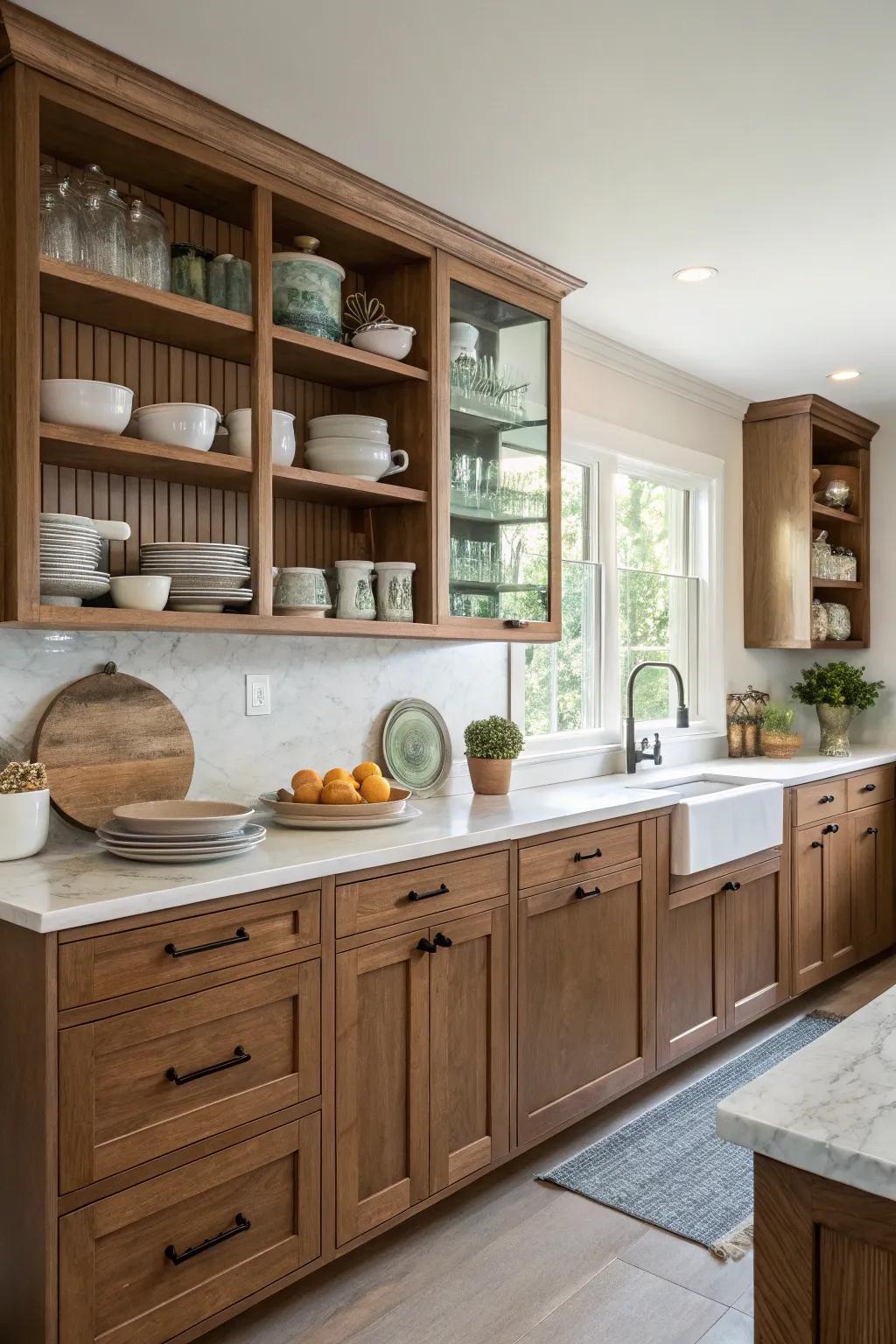 Cabinets with visible shelving amplify accessibility and panache.