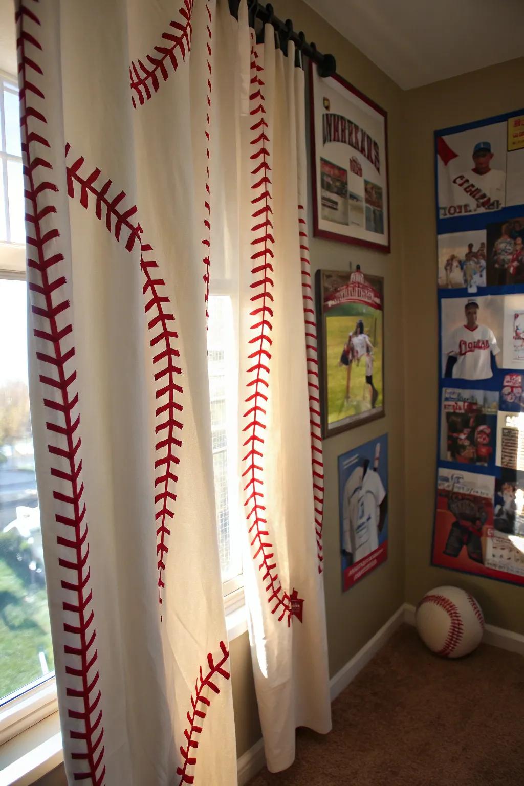 Baseball stitch curtains contribute a subtle yet cohesive element to the aesthetic.