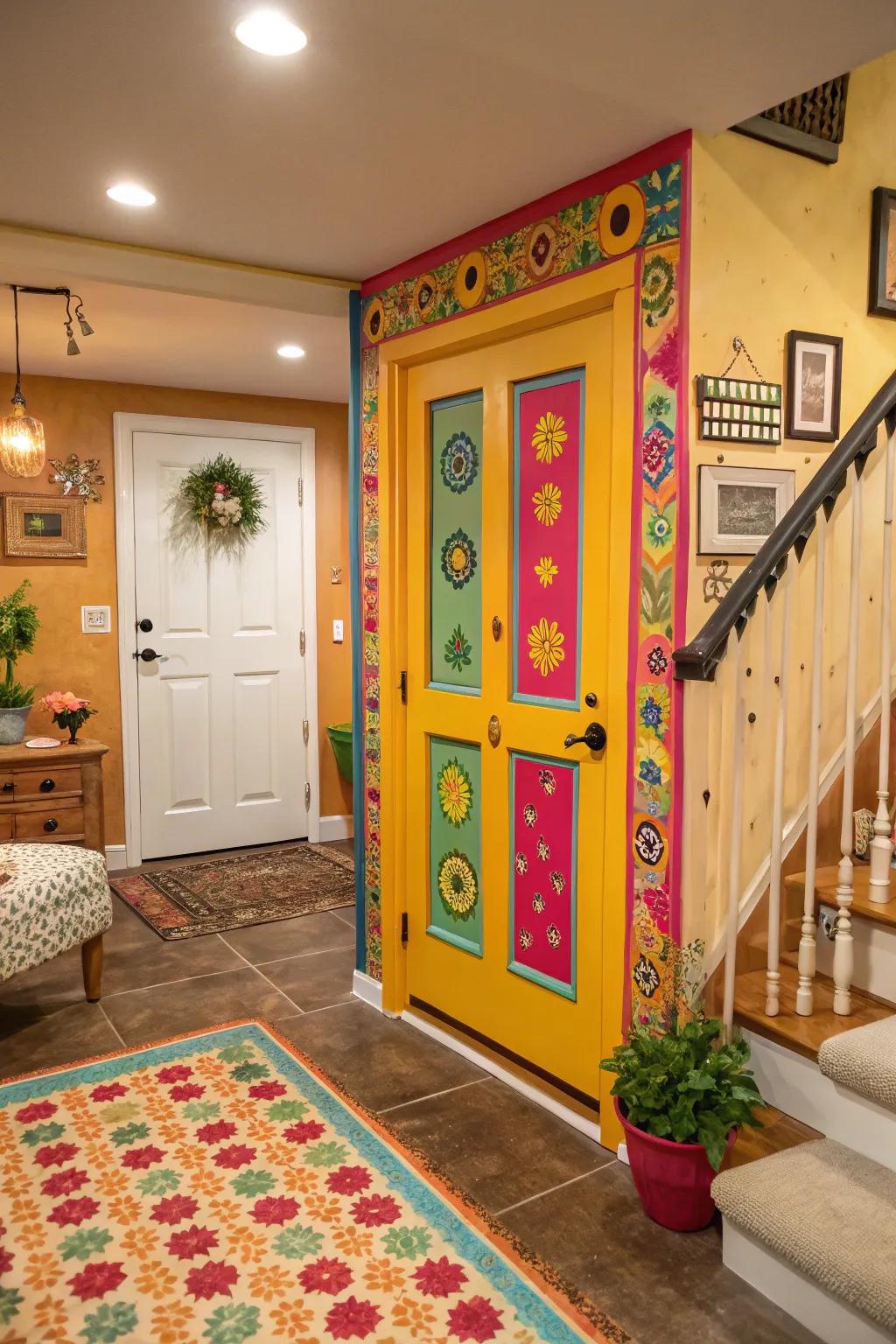 A brightly colored basement door enlivens the home, adding personality and energy.