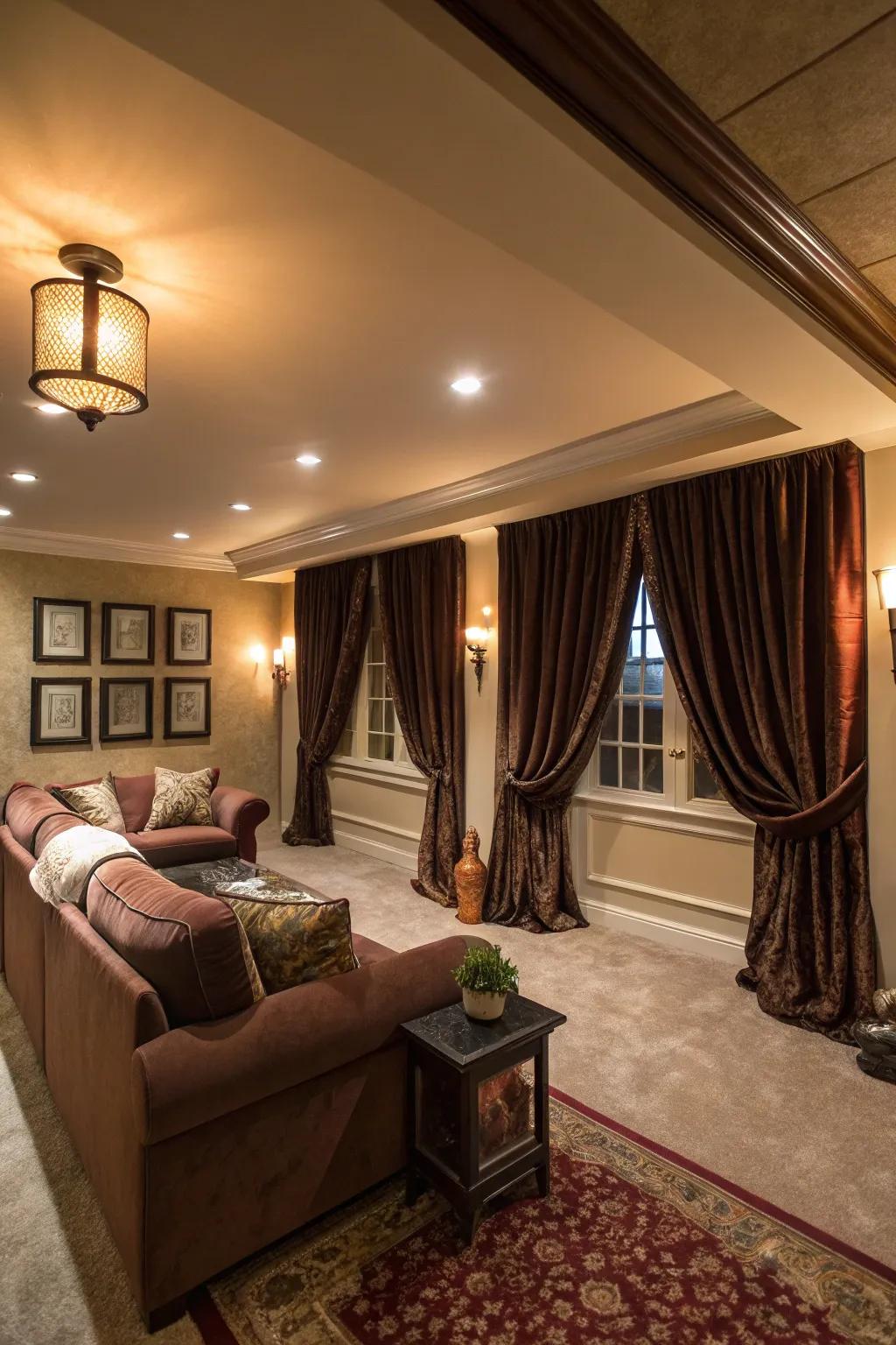 Curtains append warmth and panache to this well-fashioned basement.