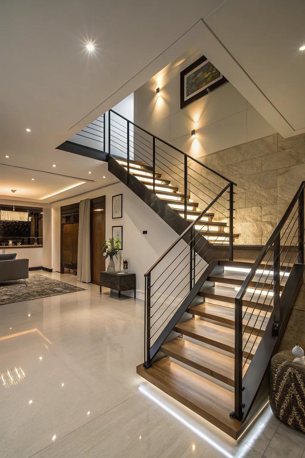 Suspended balustrades forge a contemporary and airy aesthetic.