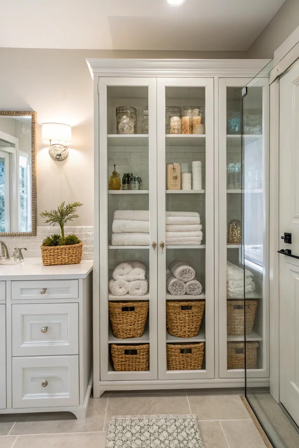 Glass-front cabinets elegantly display items while keeping them dust-free.