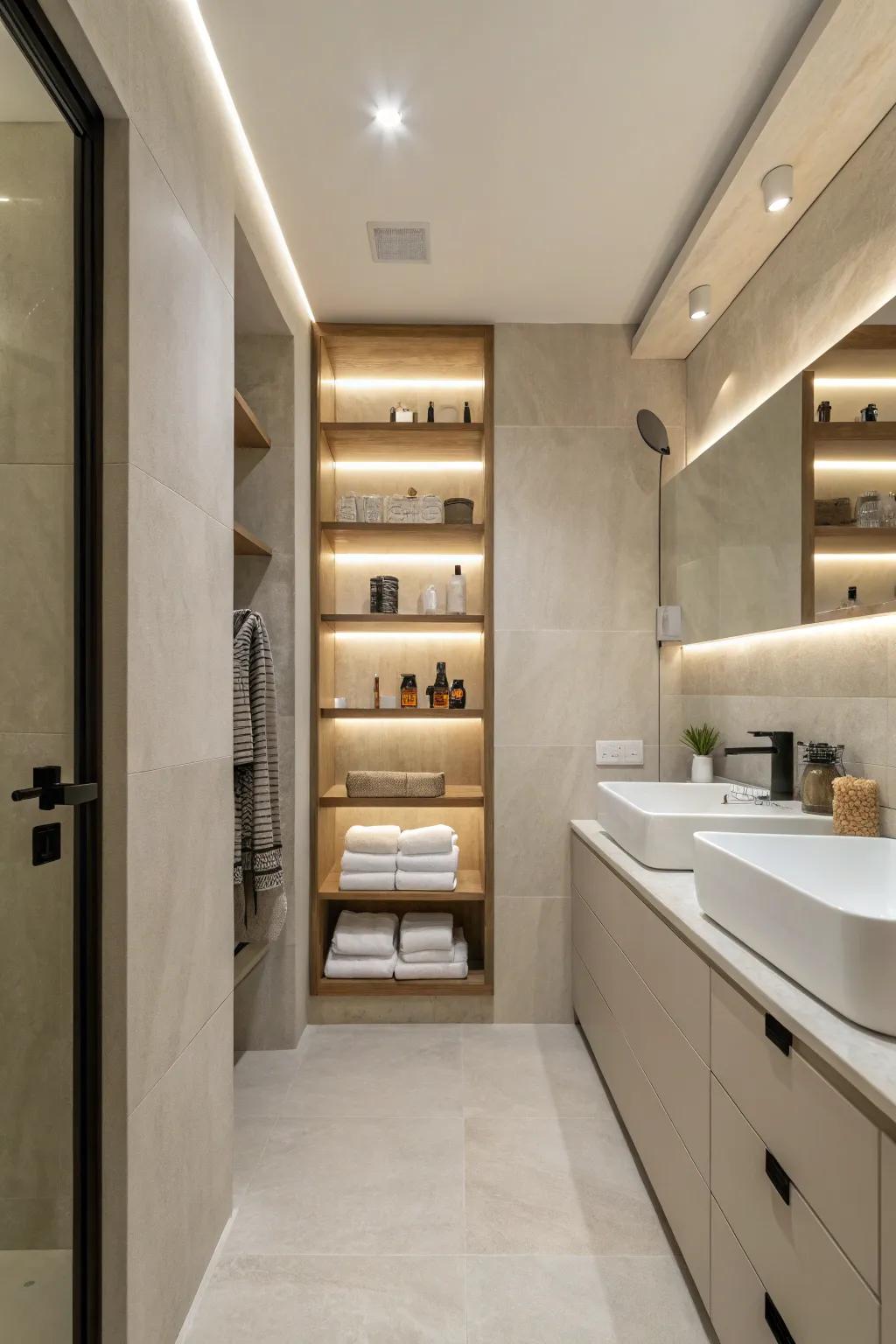 Sleek shelving establishing a minimalist and contemporary bathroom aesthetic.
