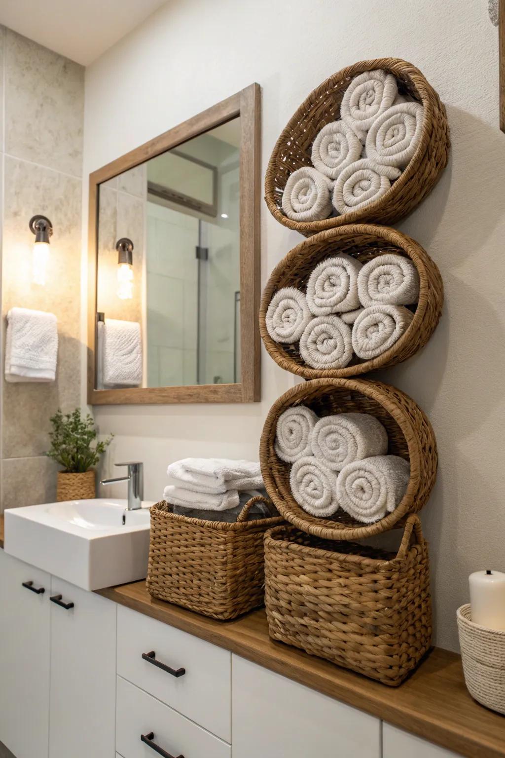 Affixed baskets offer an artistic and functional towel display.