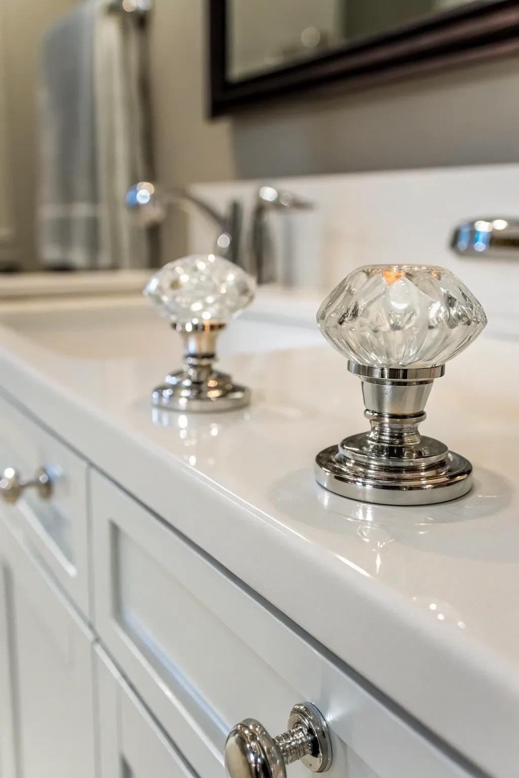 Glass knobs introduce elegance with a modern touch.
