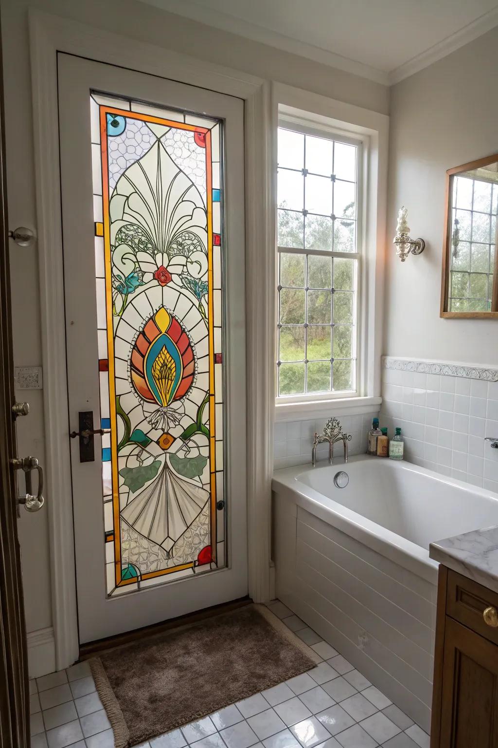 Colored glass brings color and artistry to bathroom designs.