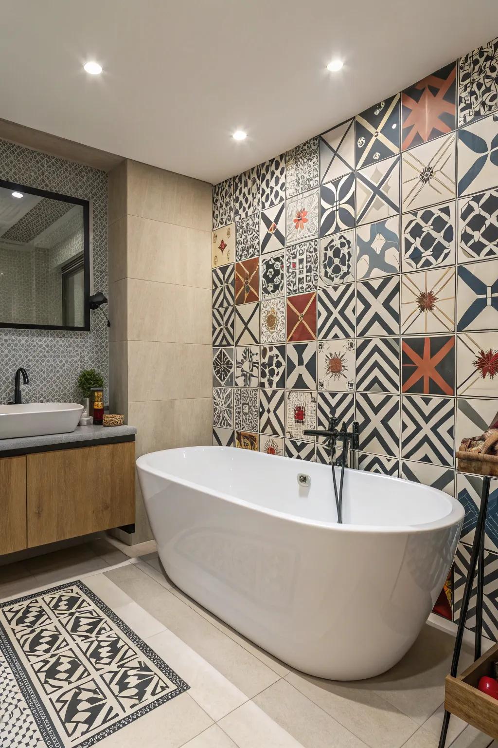 Make a daring statement with geometric designs accenting your bathtub.