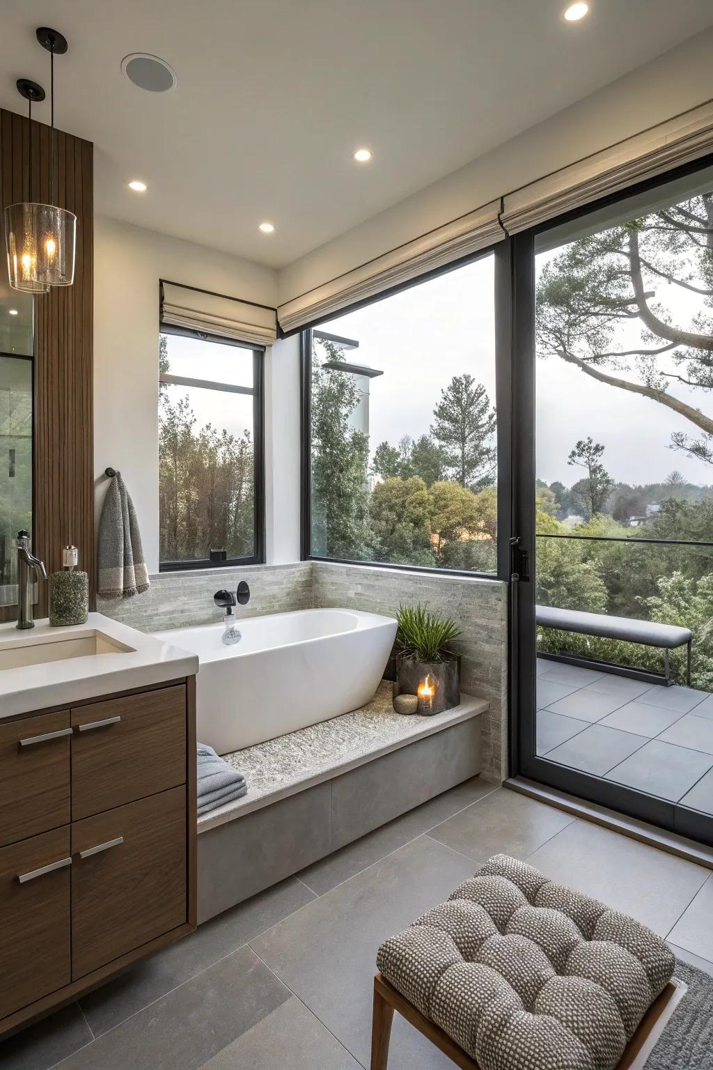 Integrated seating adds comfort and utility to your bathroom.