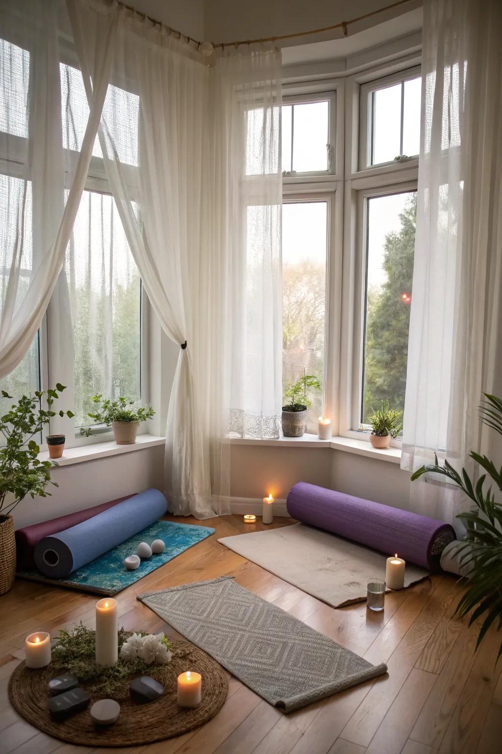 A yoga retreat by the window offers tranquility and mindfulness.
