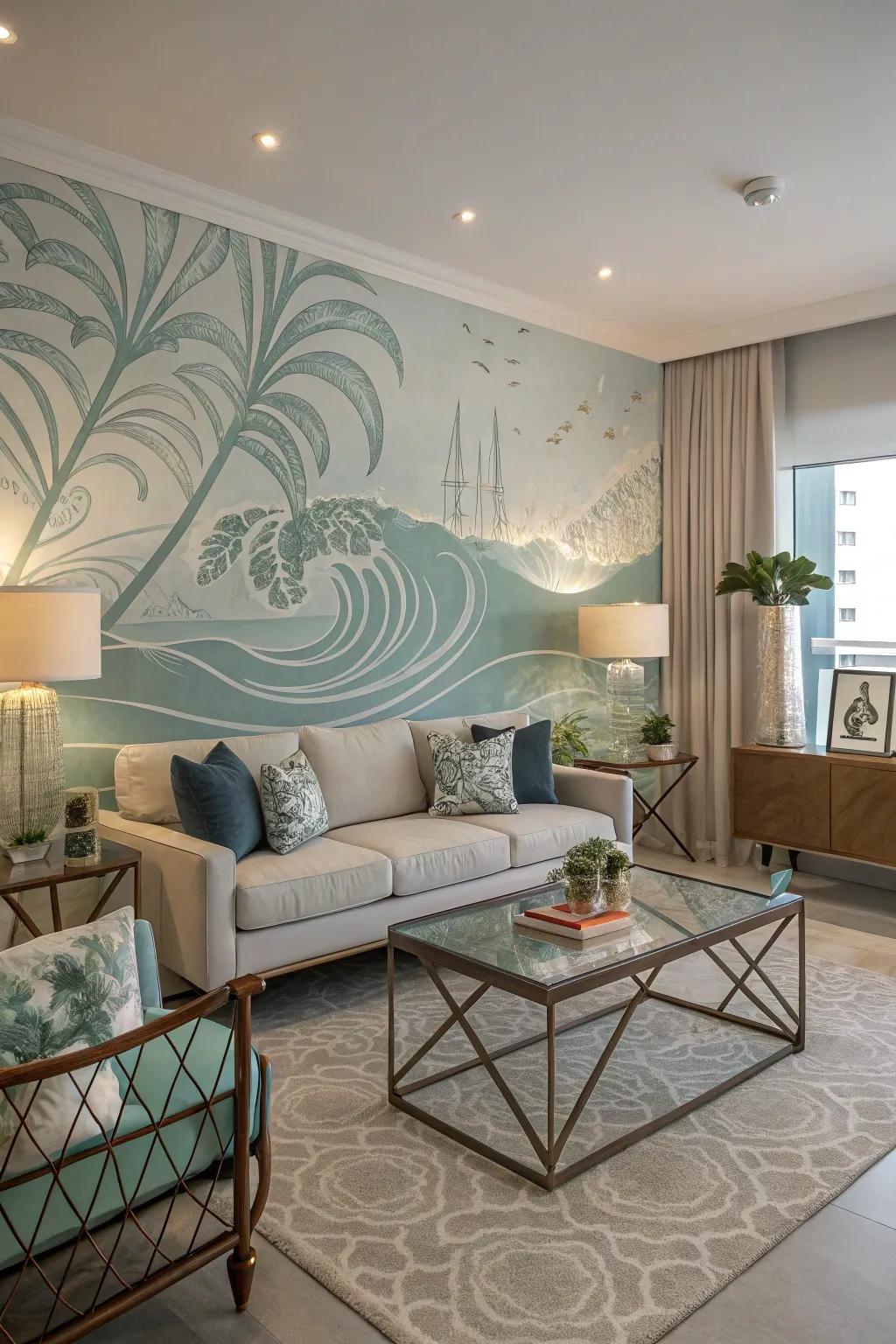 Add a contemporary twist through abstract coastal-themed wallpaper.