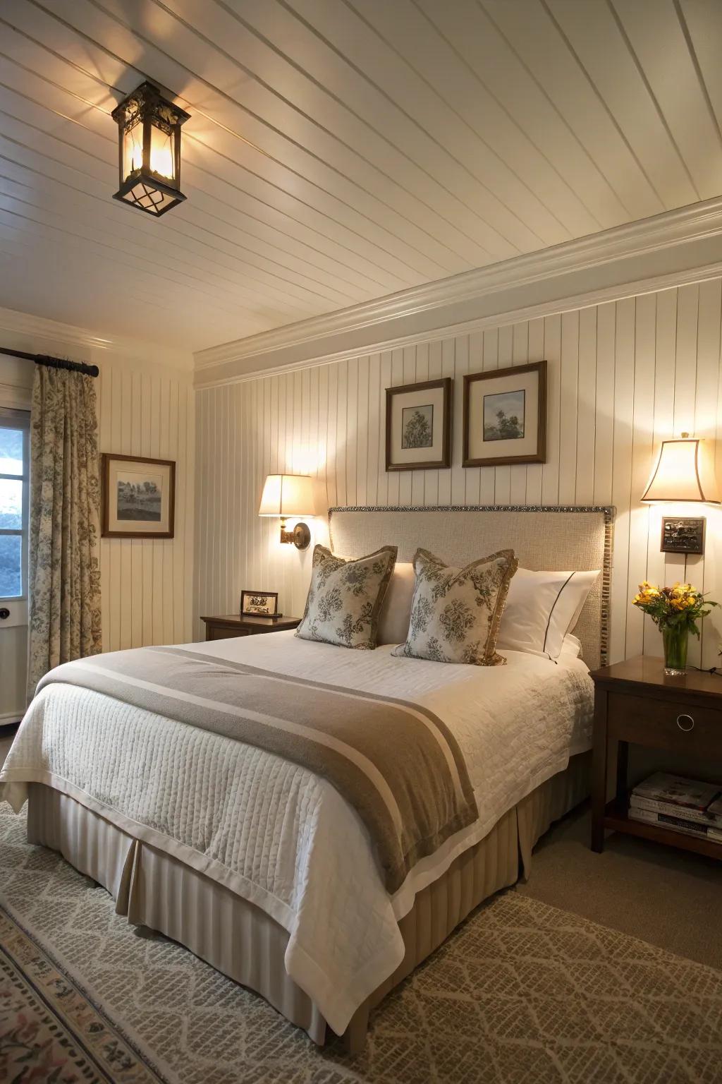 A luxurious guest chamber with cozy paneling accents.