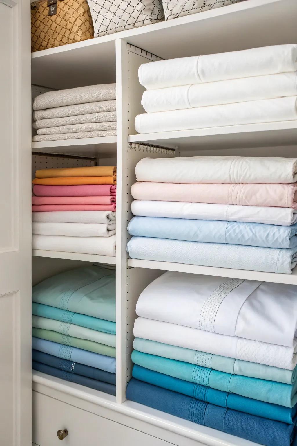 Color coordination introduces a hint of sophistication to your linen storage.