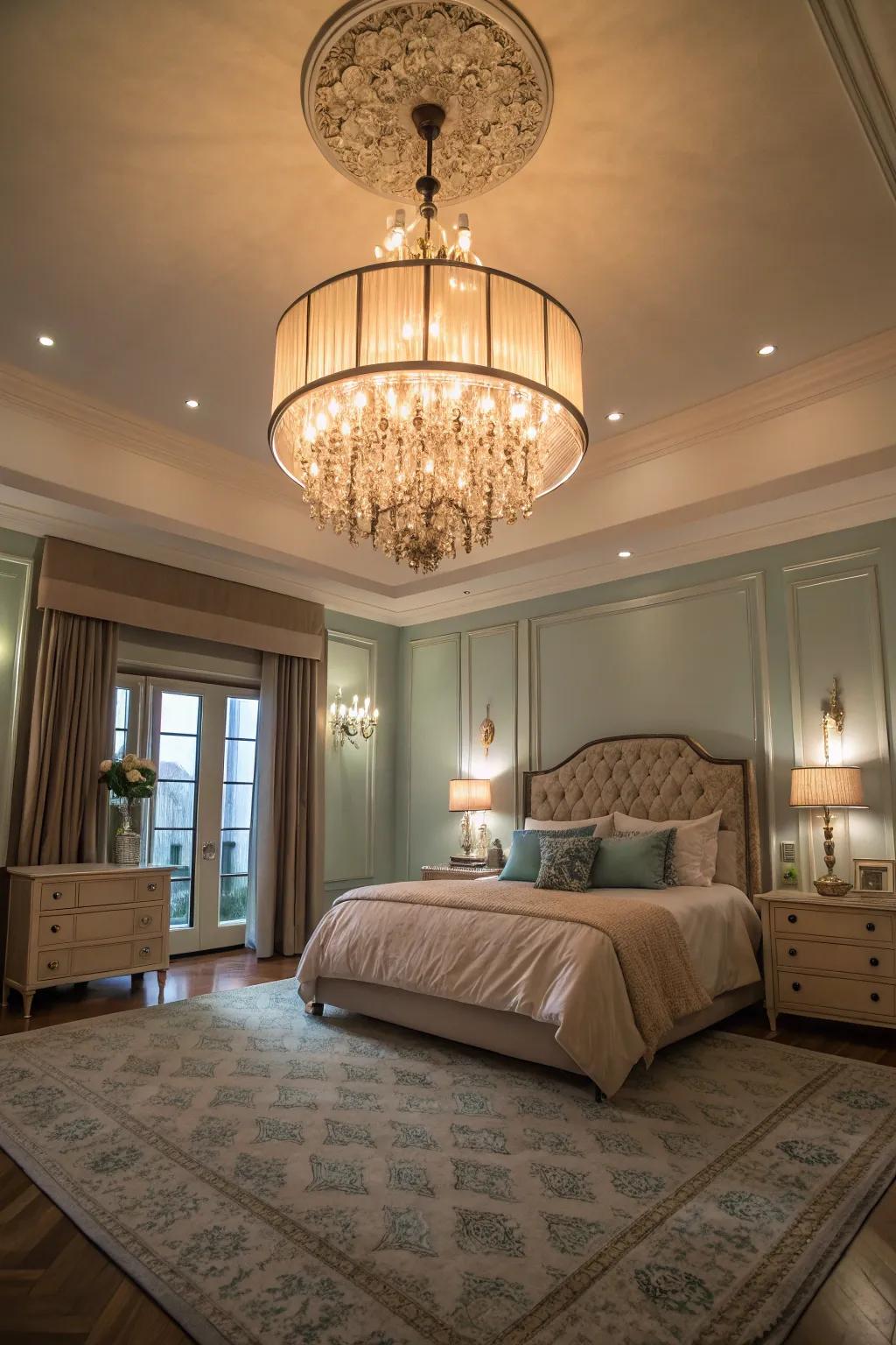 Striking illumination introduces elegance to this fashionable bedroom.