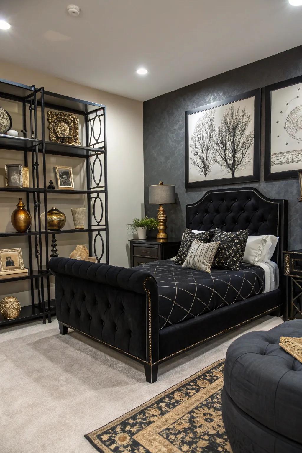 Artistic pieces append sophistication and elevate the layout of a boudoir featuring ebony furniture.